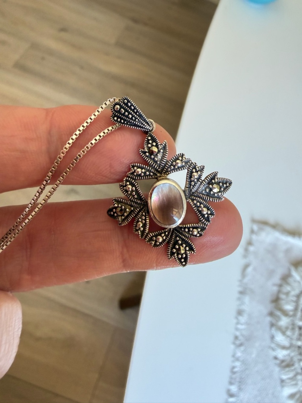 Victorian 925 Italian Silver Marcasite Floral Pendant Necklace w/Mother of Pearl